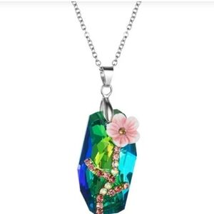 Flower Pendant Necklace Iridescent Blue/Green Rhinestones Silver Chain